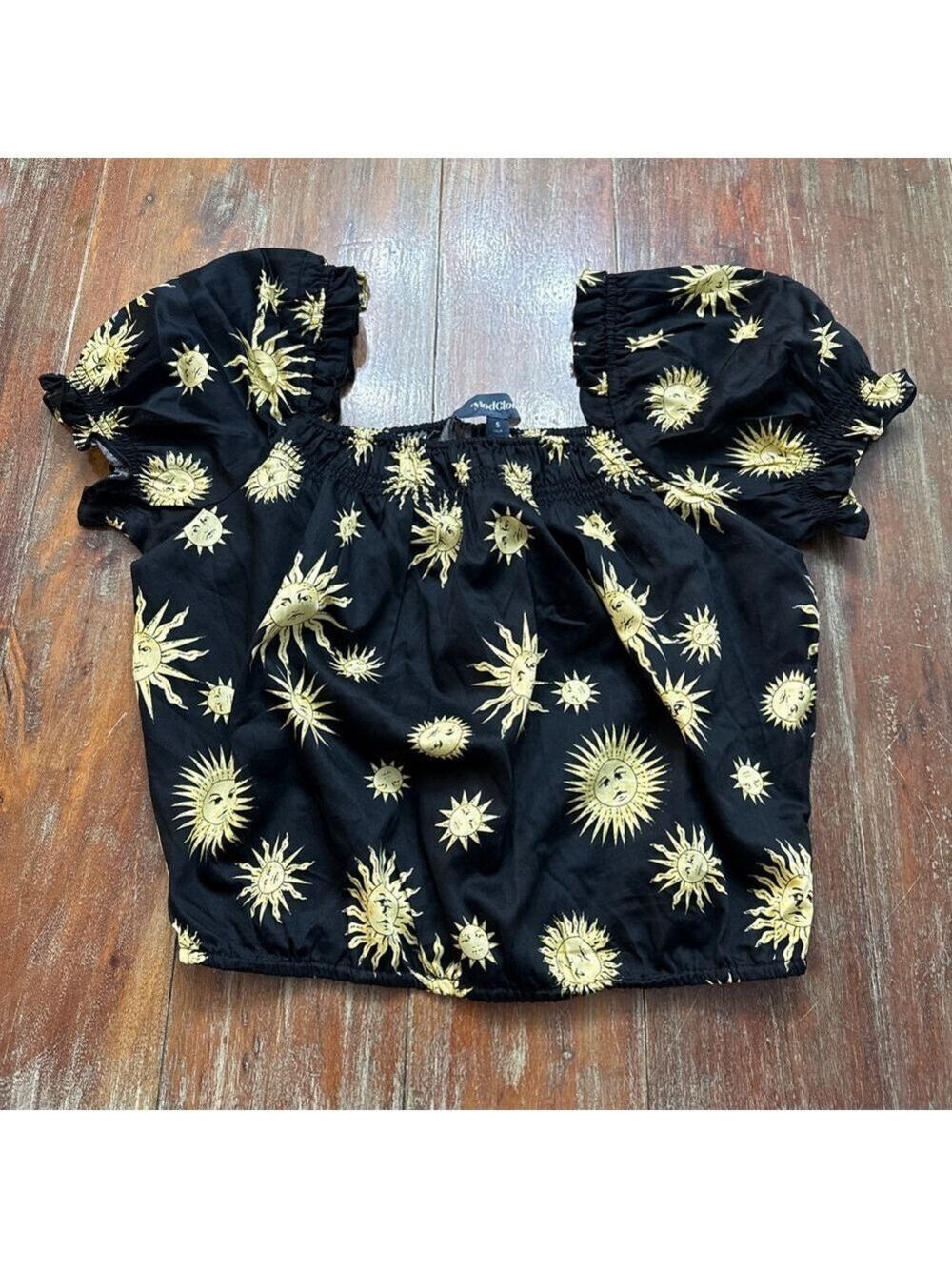 ModCloth Black Celestial Sun Peasant Blouse Smocked Size Small